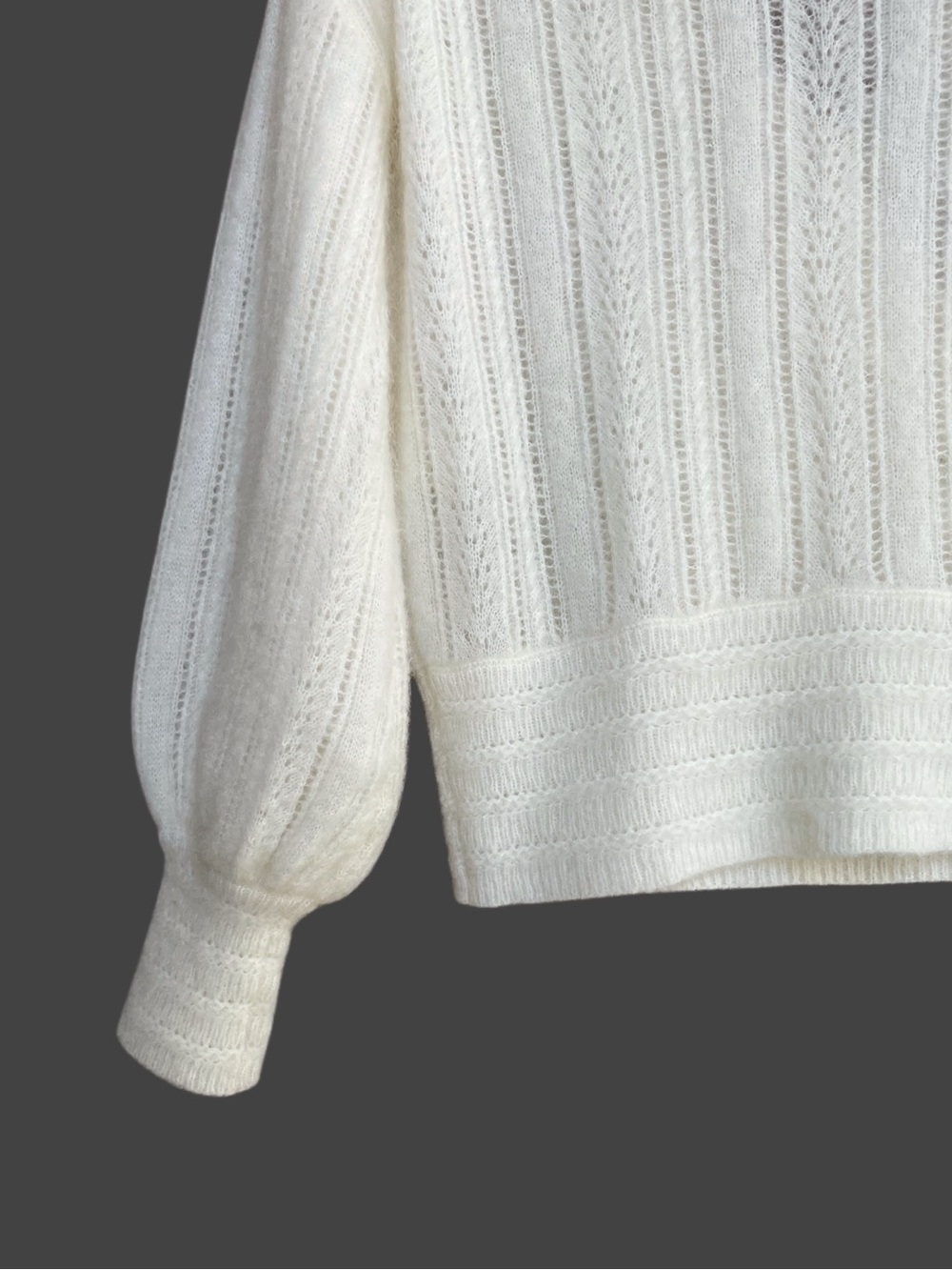 SEZANE Ecru Cream Mohair Wool Reversible V Neck Pointelle Knit Cristina Sweater - Picture 13 of 17